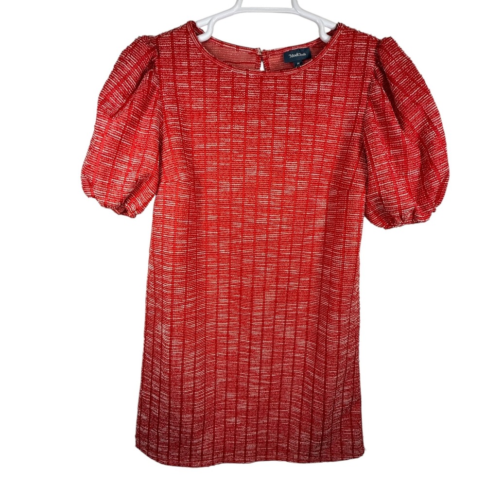 ModCloth‎ Puff Sleeve Mini Dress Textured Tweed Red Party Cocktail Size Medium